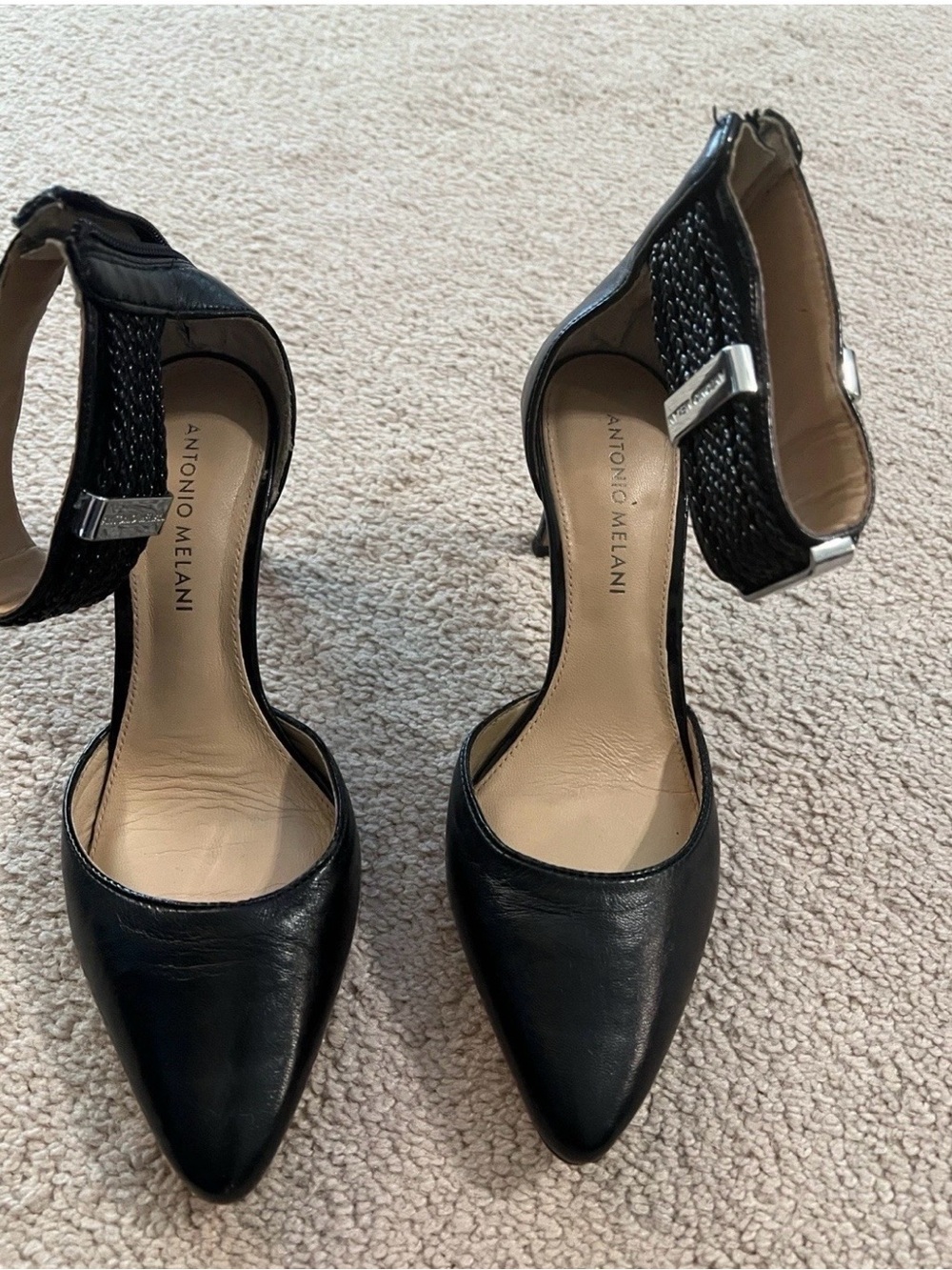 ANTONIO MELANI Black Pointed-Toe Ankle-Strap Pumps